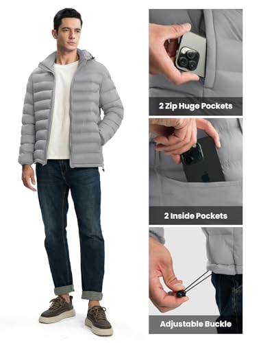 Image of TBMPOY Men's Lightweight Puffer Jackets Detachable Hood Water-Resistant Casual Winter Coat Hooded Insulated for Travel Ski