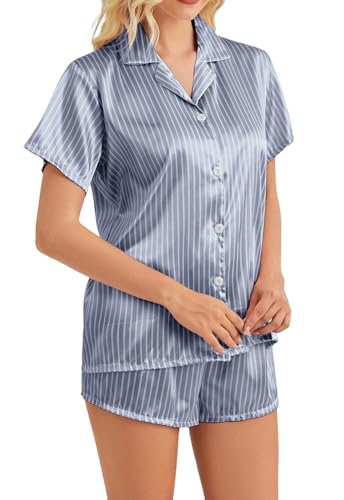 Image of Satin Pajamas for Women, Notch Neck PJ Adjustable Drawstring Shorts | Silky pajama set for women with a lightweight drape. Breathable feel, stays soft after wash
