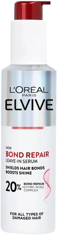 L'Oréal Paris Elvive Bond Repair Leave-In Serum, with Citric Acid Complex, for Stronger Hair, Heat Protection, 12x Less Split-Ends, 98% Stronger, 82% More Shine for Damaged Hair, 150ml