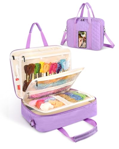 Telawsfun Bolsa organizadora de costura e artesanato, bolsa organizadora de costura portátil com bolsos de PVC transparente para bordado de tricô, tricô, suprimentos de crochê e acessórios de costura