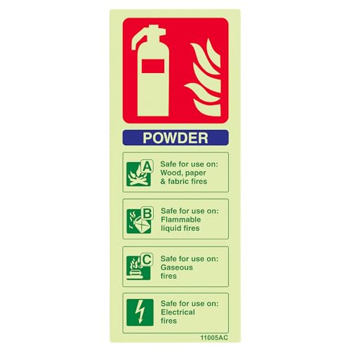 V Safety Glow In The Dark Powder Id Fire Extinguisher Sign - 75mm x 200mm - Rigid Plastic, Blue/Green/Red, 11005AC-G
