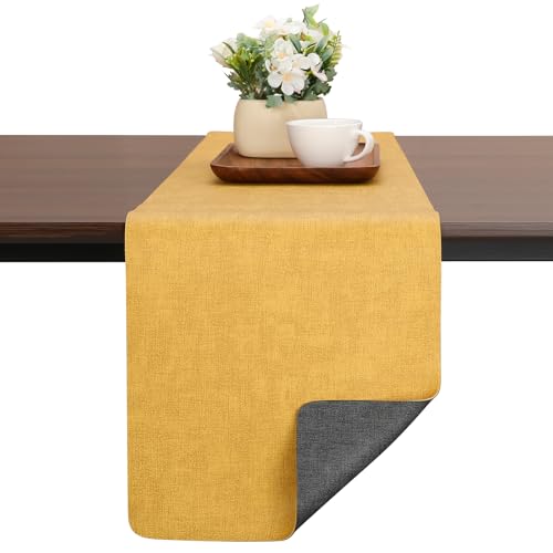 Chitomars Table Runner for Dining Table, Two-Color Washable Faux Leather Table Runners for Farmhouse Decor Coffee Outdoor Birthday Weddings Party Home Table Decorations(Gray Yellow, 30 x 140 cm)
