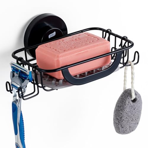 TAILI Porte Savon Ventouse avec Crochets Et Tampon De Silicone pour Mur De Douche, Bac À Shampoing Salle De Bain, Baignoire, Cuisine, Porte Éponge en Acier Inoxydable Résistant À Rouille, Noir