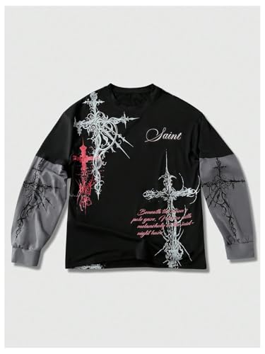 Image of VIPWOLF Men's Number Graphic Long Sleeve Jersey Shirts Oversized Y2K Round Neck 2 in 1 T-Shirts Streetwear Top