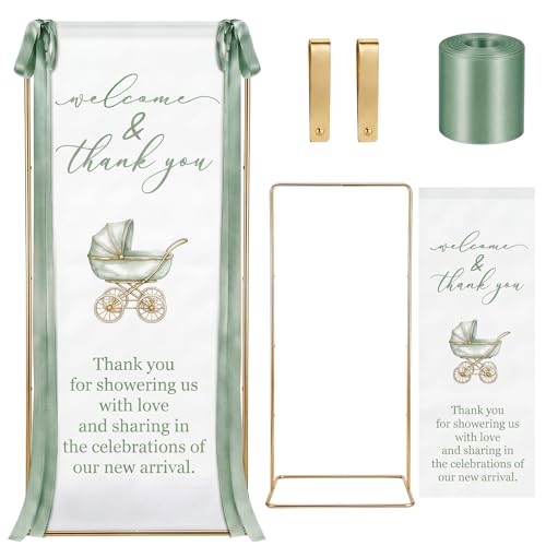 Lumina Garden Baby Shower Welcome Sign Stand with Linen Sign with Satin Ribbon Adjustable Easel Stand Baby Shower Welcome Decoration for Garden Lawn Outdoor Indoor(Green)