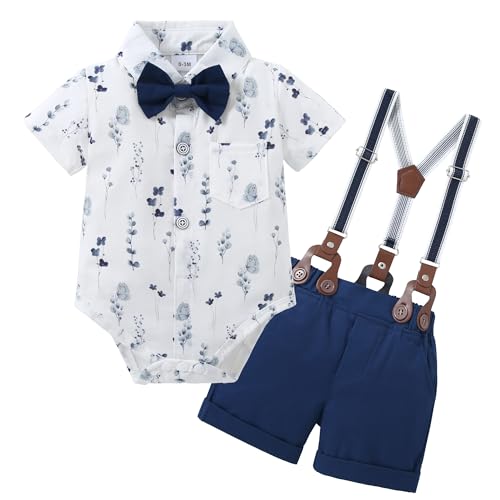 Image of WESIDOM Baby Boy Clothes 0-18M Newborn Infant Gentleman Outfit, Shirt+Bowtie+Beret+Suspender Pant Baby boy Suit Clothing Set
