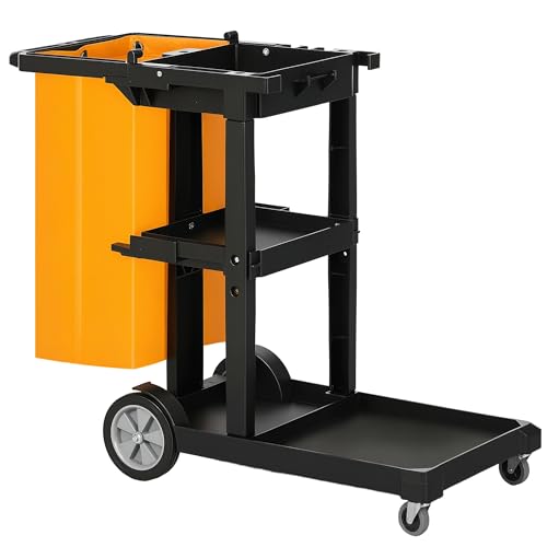 HOMCOM Carro de Limpieza con Bolsa 100L Profesional y Multifuncional para Colectividades Hotel Hostal con 3 Bandejas y 1 Plataforma 121x50,5x96,5 cm Negro y Amarillo