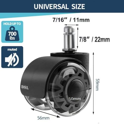 Office Chair Wheels, DSL Rubber Chair Casters Replacement Pack of 5 for Home and Office - Universal Size Supports up to 295kg/650lbs (Not 1KEA) – Suitable for All Types of Floors