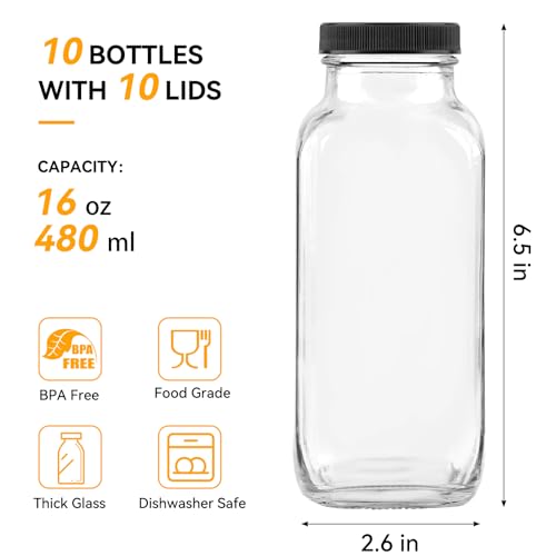 Kucoele 10 Pack 16oz Glass Juice Bottles with Lids, Reusable Juice Containers with Straws and Brush, Drinking Jars for Juicing, Smoothie, Kombucha