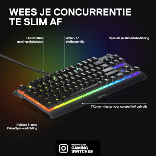 SteelSeries Apex 3 TKL RGB-gamingtoetsenbord - Compact TKL-toetsenbord voor e-sports - 8-zone RGB-verlichting - Amerikaanse QWERTY-indeling - Zwart - Afbeelding 4