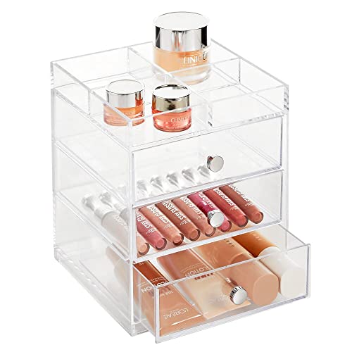mDesign Makeup Organiser – Cosmetic Storage Unit with Tray on Top and 3 Sliding Drawers – Makeup Holder for Lipstick, Nail Varnish, Eye Shadow, Brushes and More – Clear