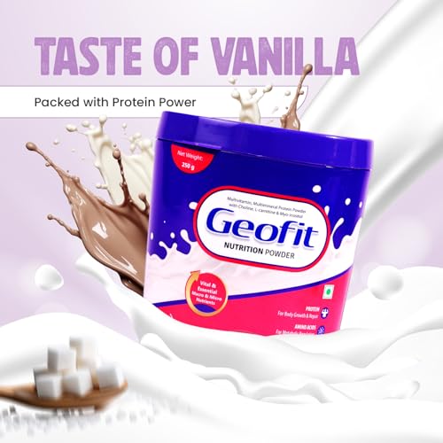Image of Geofit Vanilla Nutrition Powder - 250g | Power-Packed with Organic Ingredients | Builds Muscle, Boosts Energy | Helps in Weight Management | Made with Milk Powder, Sucrose & Maltodextrin