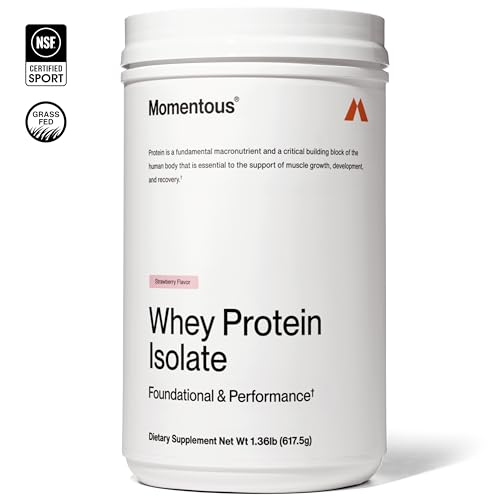 Image of Momentous Essential Grass-Fed Whey Protein Powder - 20 g Whey Isolate Protein - NSF Certified for Sport - Gluten-Free - 25 Servings for Essential Everyday Use - Strawberry - Package May Vary