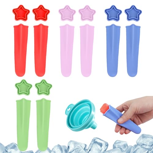 8 Stück Eisformen Silikon – Wiederverwendbare Wassereis Tüten mit Deckel – Eis am Stiel Formen BPA-frei – Lebensmittelechtes Silikon – Inkl. Reinigungsbürste & Trichter – Ice Pop Maker Stern