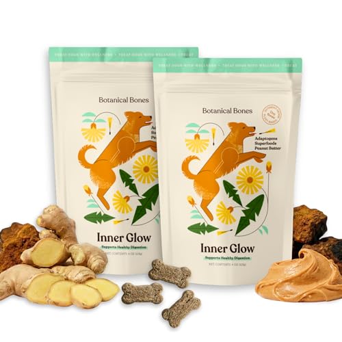 BOTANICAL BONES Inner Glow Digestive Dog Treats - Gut Health Support with Prebiotics, Dandelion & Chaga - Vet Formulated for Diarrhea Relief & Immune Support - Organic, Vegan, 2-Pack