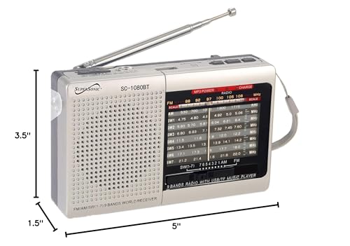 Supersonic SC-1080BT 9-Band Radio with Bluetooth, Portable Small Multi Band Radio Stereo, USB and Micro SD Input, Torch Light, and Rechargeable Battery