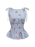 SweatyRocks Women's Gingham Tie Shoulder Frill Shirred Blouse Summer Sleeveless Ruffle Smocked Tops Blue Small