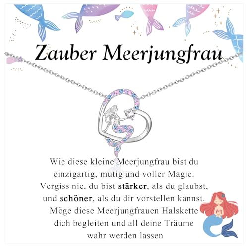 FAOMZQ Meerjungfrau Kette für Mädchen - Silber, Zirkonia, Edelstahl - Geschenk für Tochter, Schwester, Enkelin, Nichte - Kommunion, Geburtstag, Weihnachten, Einschulung, Schulanfang, Abschluss