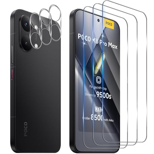 Funrae Verre Trempé pour Xiaomi Mi Poco X8 Pro Max 5G avec Caméra Arrière Protecteur[3+3 PCS], Dureté 9H [Sans Bulles] [Ultra HD] Ultra Résistant Film Vitre Trempé Protection écran [Transparente]