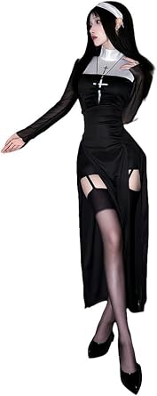 Sexy Nun Costume Womens Gothic Black Role Play Outfit for Halloween Party Cosplay Carnival Dress