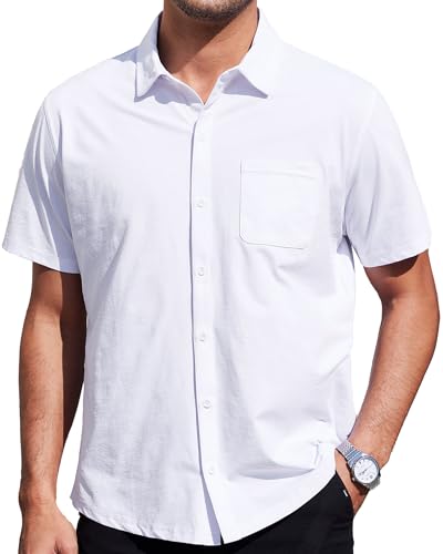 BANZHUKE Mens Short Sleeve Dress Shirts Business Casual Button Down Shirt Summer Beach Wedding Untucked Shirts with Pocket (White, 3XL)