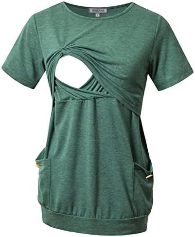 GINKANA Nursing Tshirt Short Sleeve Maternity Short Sleeve Top for Breastfeeding Pregnancy Shirt with Pocket,Green,L