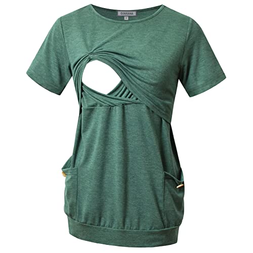 Ginkana Nursing Tshirt Short Sleeve Maternity Short Sleeve Top For Breastfeeding Pregnancy Shirt With Pocket,Green,L #TOP22