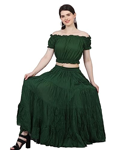 Wevez Women’s 12 Yards American Belly Dance 4 Tiered Long Cotton Skirt (Green)