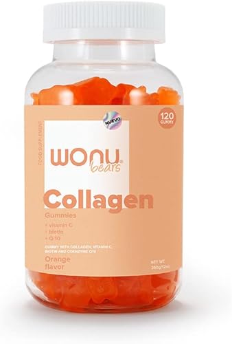 WONU Bears Collagen Gummies, Vitamin C, Biotin, Q10, Orange Flavor Presentation Pot of 12 fl oz, 120 Gummies (60 Servings) (Orange)