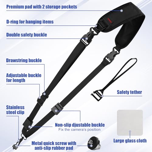 LETREEN Camera Strap, Anti-slip Shoulder Strap with Quick Release & Safety Tether, Adjustable Camera Sling for Nikon, Sony, Fuji DSLR