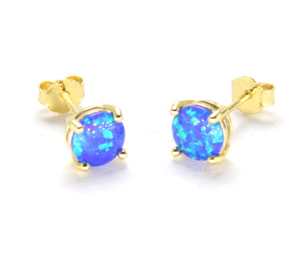 14K Gelbgold gefüllter Sterlingsilber 3/4/5/6MM Feueropal-Edelstein-Ohrstecker für Damen und Herren, Farbe Weiß - Blau - Rosa - Grün - Schwarz
