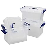 Hespama 4 Packs 6 Quart Lidded Storage Bin, Plastic Latching Container Box with Handle