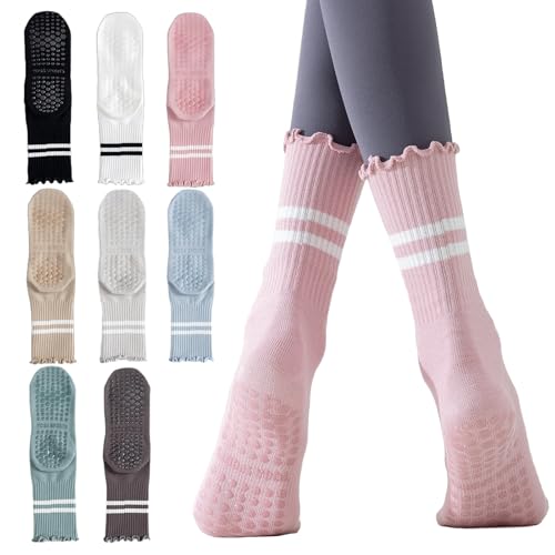 2 Pairs Women's Yoga Non-Slip Crew Socks Ruffle Top Pilates Home Comfortable Floor Socks