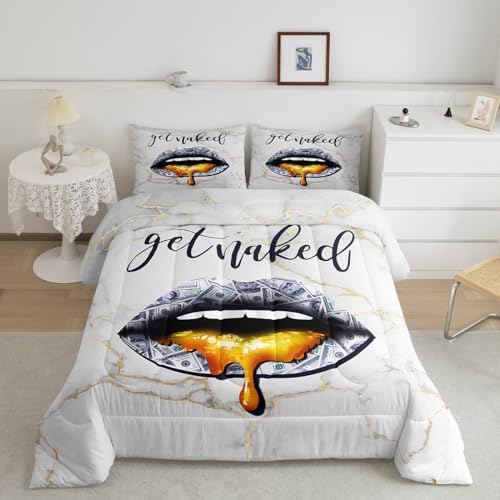Image of Feelyou US Dollars Sexy Lips Bedding Set King Size, Get Naked Lips Comforter Set for Kids Golden Marble Comforter Boys Girls Funny Get Naked Duvet Set Bed Set 3Pcs
