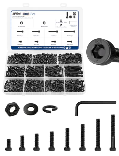 800PCS M3 Screws Assortment Kit, 12.9 Grade Alloy Steel Socket Head Cap Screws with Hex Nuts, Flat & Spring Lock Washers, Metric Bolt Set S2.5 Hex Key Included, Black Oxide, for 3D Printing