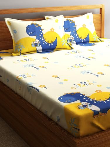 Image of Home Sizzler 210TC Microfibre Playful Dinosaur Double Bedsheet with 2 King Size Pillow Covers