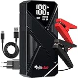  Arrancador Inteligente Coche y Moto > 6L Gasolina y 4L Diesel para Viaje Cargador Bateria 2 en 1 de 12000mAh con Cable USB-C para Móvil + Pinzas Potente PowerBank Carga Rápida + Linterna LED y Display