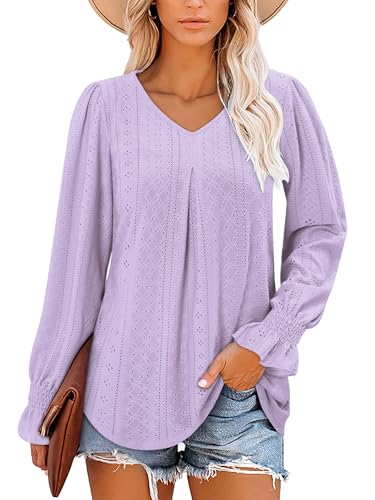 KISSMODA Long Sleeve Fall Shirts For Women V Neck Tunic Tops Embroidered Button Down Knitted Blouses 2025