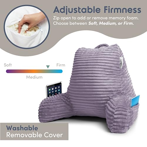Image of Nestl Reading Pillow with Shredded Memory Foam, Luxe Cut Plush Back Pillow for Sitting Up in Bed, Back and Arms Adjustable Support for Adult & Teens, Backrest Pillows with Washable Cover Dusty Purple