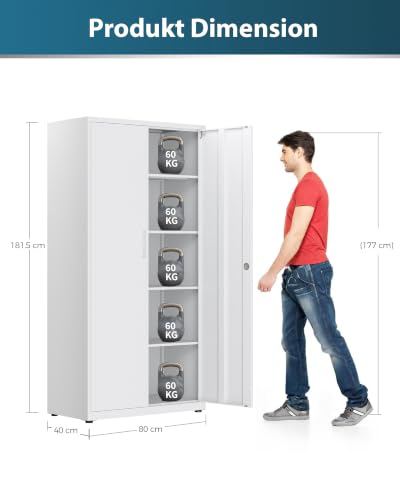 Aktenschrank, Mehrzweckschrank, Stahl-Aufbewahrungsschrank, 180 x 80 x 40 cm, weiß – Ansicht 2
