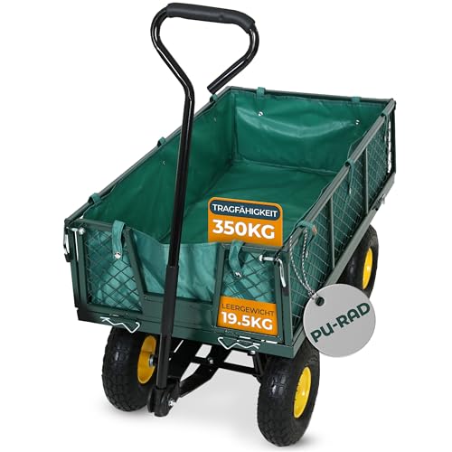 FROSAL Transportwagen Phil mit PU-Rädern – Gartenwagen mit klappbaren Seitenwänden – Eigengewicht 19,5 kg – bis 350 kg Tragkraft – Maße 96,5×50,5×56,5 cm – Ø 26 cm Räder – Stahlrahmen mit Innenplane