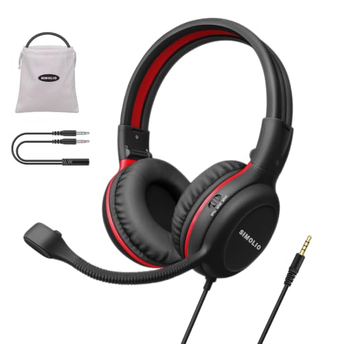 Image of SIMOLIO Wired Headphones for School with Microphone, Stereo Kids Headphone with Flexible Swivel Boom Mic for Student K12 & Teacher & E-Learning, 3 Levels Volume Limiter Gaming Headsets for Boys, Girls