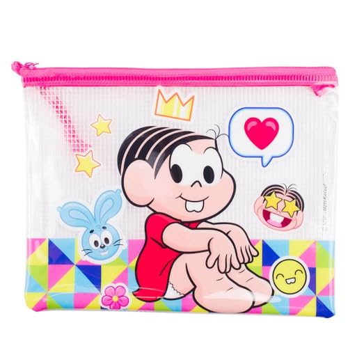 Necessaire Estojo Transparente Mônica 17x21cm, Turma da Mônica, Plástico PVC, Design Colorido com Personagens, Fechamento em Zíper