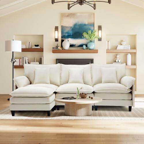 Image of 106 inch L Shaped Modular Sectional Cloud Couch, Modern Sofa with Ottoman, 4-Seat Deep Seat Sofa with Pillows for Living Room, Bedroom and Apartment, Beige