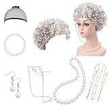 [Packungsinhalt]: Sie erhalten 8 Stück silbergraues lockiges Haarset, einschließlich des lockigen Haarsets, das eine silbergraue Oma-Perücke, eine quadratische Brille, eine goldene Brillenkette, eine schwarze Brillenkette, künstliche Perlenohrringe, Perückenhut, künstliche Perlenkette und Perlenarmband. Armband.