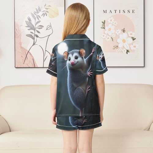 Satin Pajama Sets Short Sleeve Opossum Climbing Tree Button Down Silky Nightwear 2 Piece PJS 5-14Y4