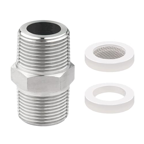 WestCH 1/2\" Duschschlauch Adapter Edelstahl Doppelnippel Duschschlauch Verbinder Verlängerung Gewindefitting Adapter mit 1 pcs Bubbler Spüle Belüfter Filter Element 1 x Dichtungen