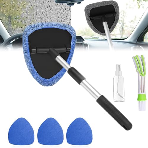 Microfiber Car Windshield Cleaning Tool, Car Windshield Cleaning Tool Set, Interior Exterior Auto Glass Cleaner Kit with Detachable Handle, 4 Reusable Microfiber Pads, for Cars Trucks Home (Blue)