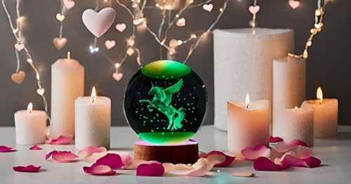 Image of 2 Pcs Magical Unicorn & Heart Dolphin 3D Crystal Ball Lamp | Enchanting Crystal Night Light with USB & Wooden Base | Perfect Home Decor & Office, A Unique Gift for Kids & Girls