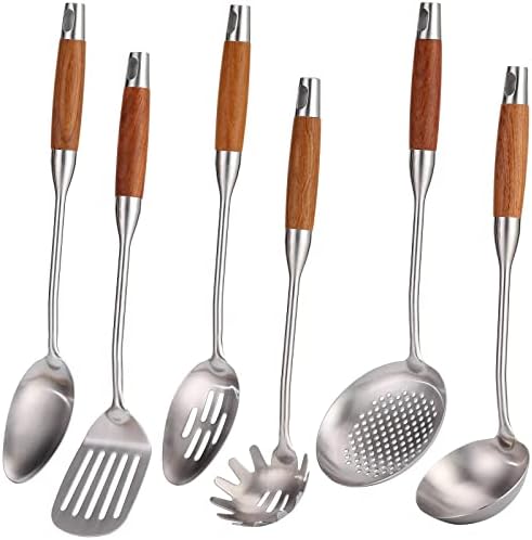 304 Stainless Steel Kitchen Utensils Set with Wood Handle – 15” Long Metal Cooking Tools, Solid Spoon, Slotted Spoon, Slotted Spatula Tunner, Skimmer, Soup Ladle, Spaghetti Spoon, 6-Piece Large Spoons